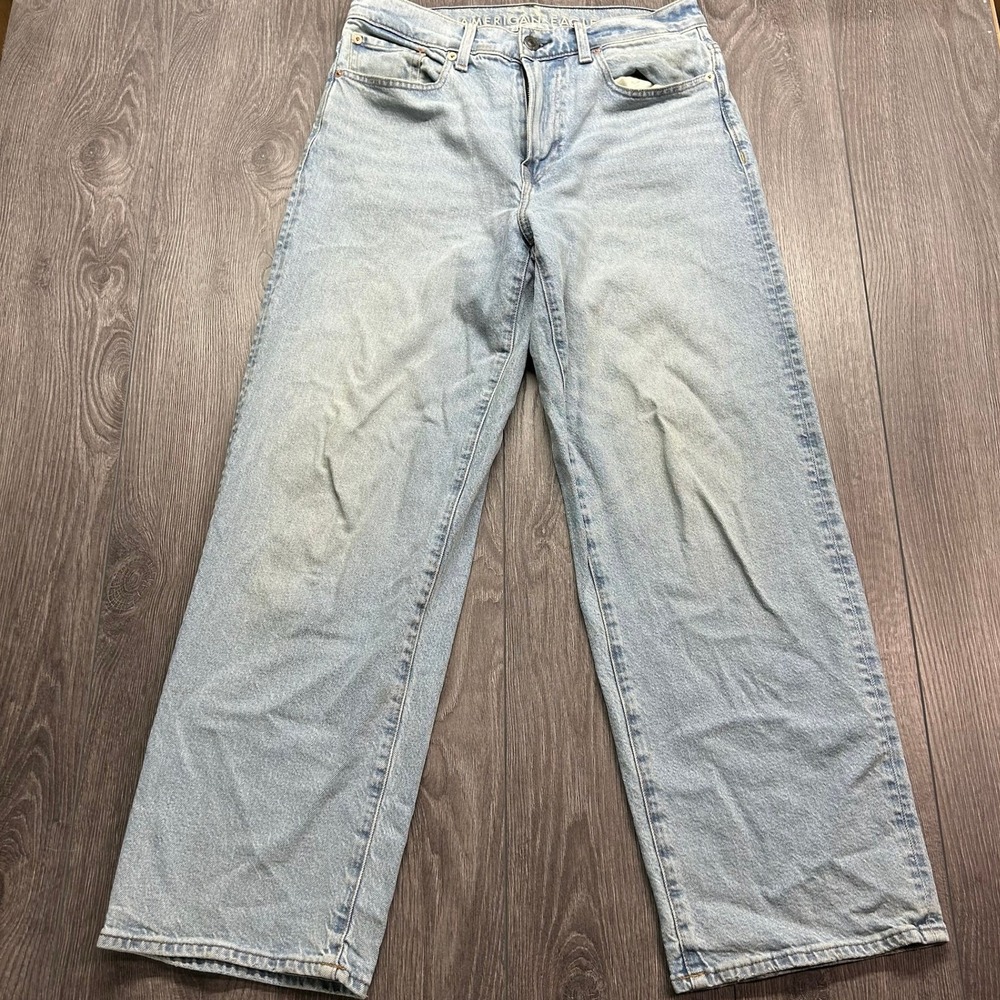 American Eagle Wide Leg Jeans Light Wash High Rise Denim 30x32 Fits 32x29